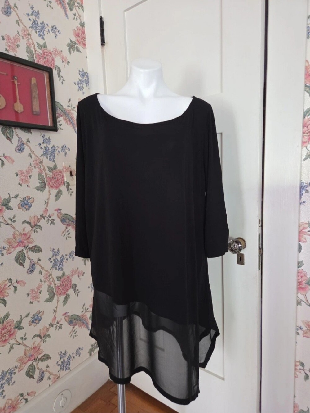 Eileen Fisher Silk 3/4 Sleeve Tunic With Asymmetrical Sheer Hem